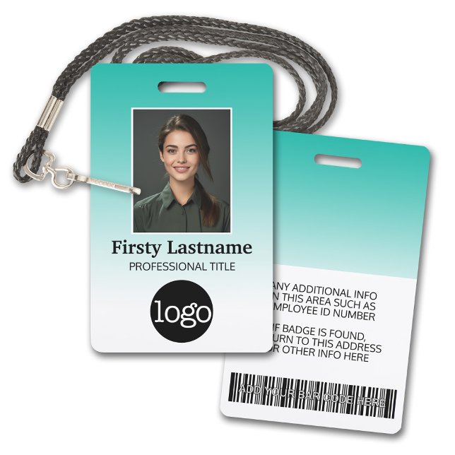 Employee - Photo, Bar Code, Logo, Name Gradient Badge (Employee Badge with Gradient Background. Add a photo and logo to this name tag with teal accents.)