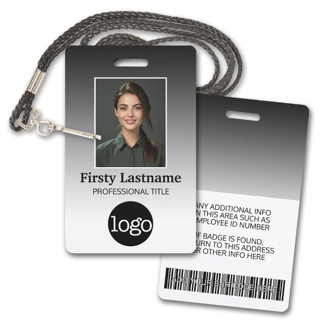 Employee - Photo, Bar Code, Logo, Name Gradient Badge (Employee Badge with Gradient Background. Add a photo and logo to this name tag with black accents.)