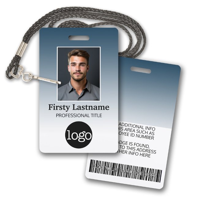 Employee - Photo, Bar Code, Logo, Name Gradient Badge (Employee Badge with Gradient Background. Add a photo and logo to this name tag with blue accents.)