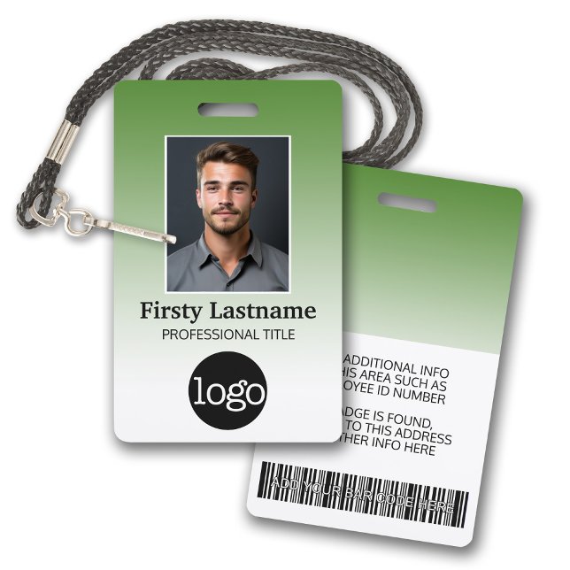 Employee - Photo, Bar Code, Logo, Name Gradient Badge (Employee Badge with Gradient Background. Add a photo and logo to this name tag with green accents.)