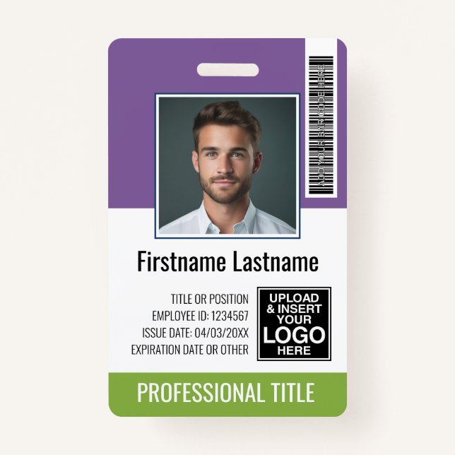 Employee - Photo, Bar Code, Logo Name Purple Green Badge (Front)