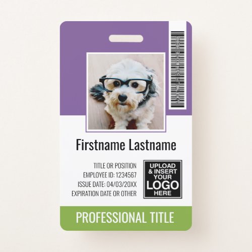Employee _ Photo Bar Code Logo Name Purple Green Badge