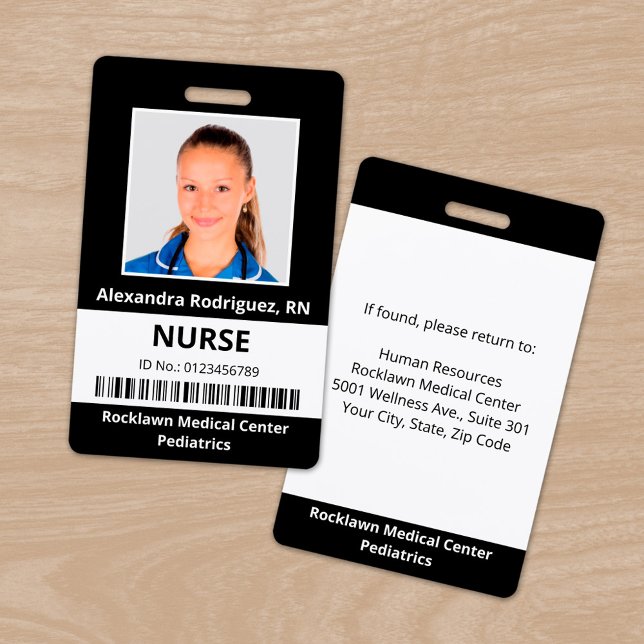 Employee Photo Barcode Black White Medical ID Badge (Employee Photo Barcode Black White Medical ID Badge, front/back)