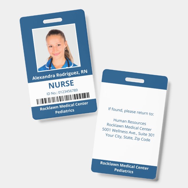 Employee Photo Barcode Blue White Medical ID Badge (Front & Back)