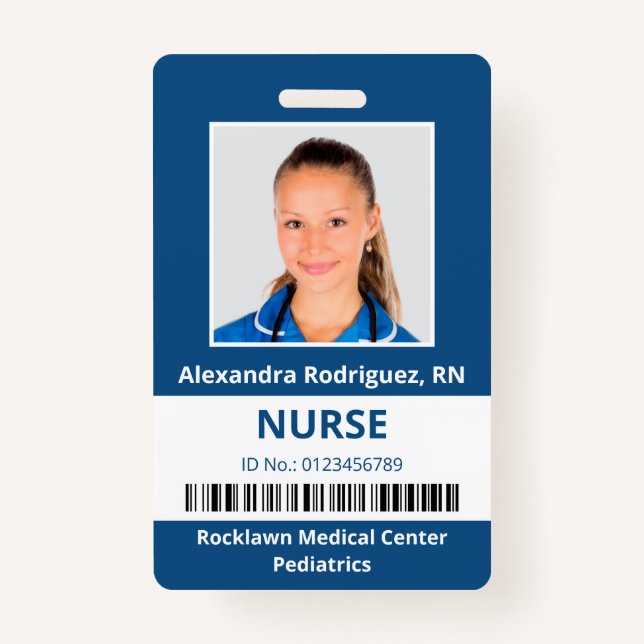 Employee Photo Barcode Blue White Medical ID Badge (Front)