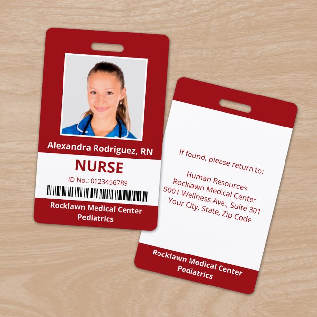 Employee Photo Barcode Dark Red White Medical ID Badge (Employee Photo Barcode Dark Red White Medical ID Badge, front/back)
