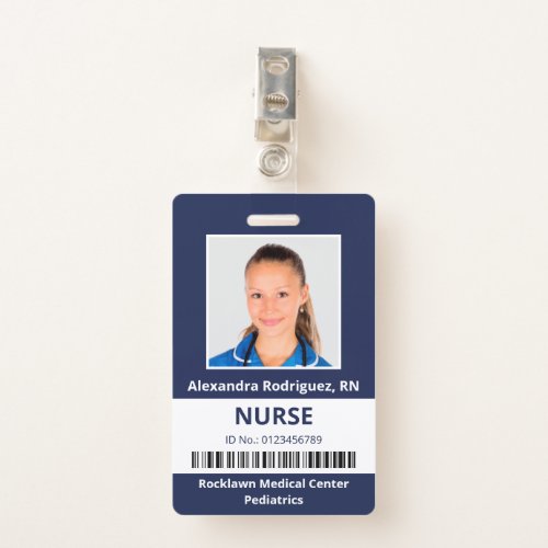 Employee Photo Barcode Navy Blue White Medical ID Badge