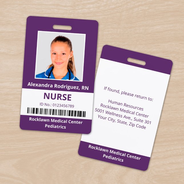 Employee Photo Barcode Purple White Medical ID Badge (Employee Photo Barcode Purple White Medical ID Badge, front/back)