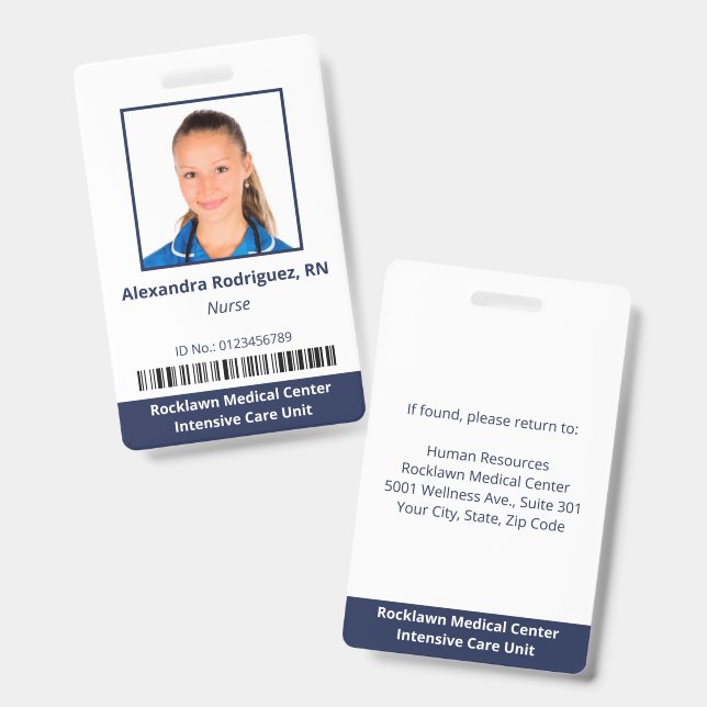 Employee Photo Barcode White Blue Hospital ID Badge (Front & Back)