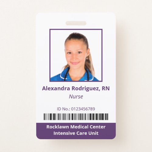 Employee Photo Barcode White Purple Hospital ID Badge