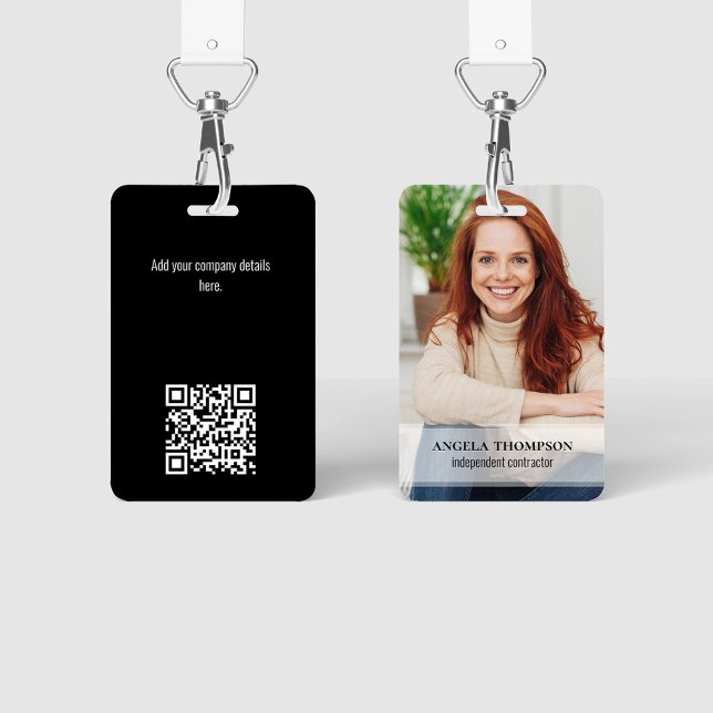Employee Photo Black Name and Title QR Code Badge (Simple photo badges with a full bleed photo template.)
