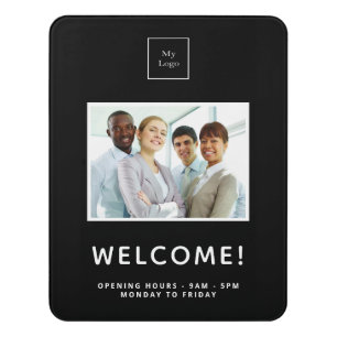 Employee photo black white business welcome door sign