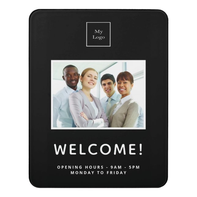 Employee photo black white business welcome door sign (Contemporary Vert)