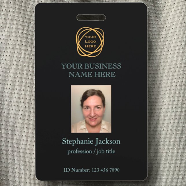 Employee Photo Company Logo QR Code Black Teal    Badge (Customize this professional name tag with your logo, QR code, business details, and Photo ID badge.)