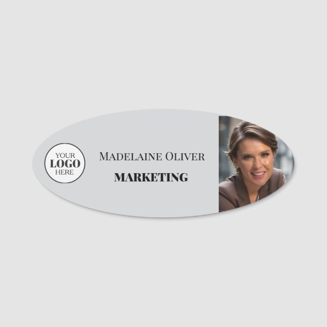  Employee Photo Grey Logo Simple Name Tag (Front)