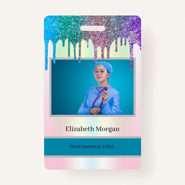 Employee Photo Holographic Glitter Drips Badge (Front)