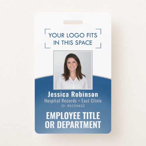 Employee Photo ID Barcode Logo Classic Blue Curve Badge | Zazzle