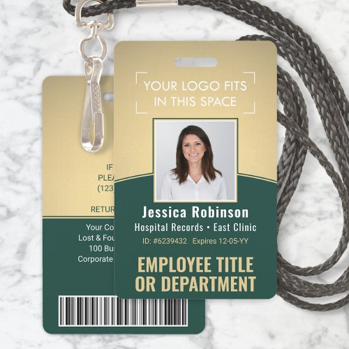 Employee Photo ID Barcode Logo Green  Gold Curve Badge