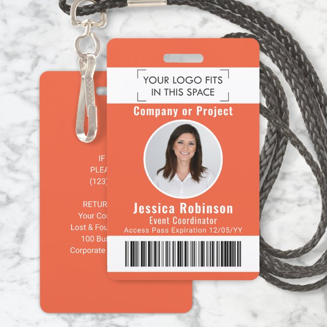 Employee Photo ID Barcode Logo Orange Access Pass Badge (Creator Uploaded)