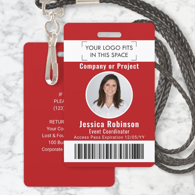 Employee Photo ID Barcode Logo Red Access Pass Badge (Creator Uploaded)