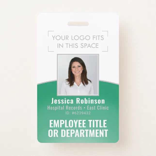 Employee Photo ID Barcode Your Logo Green Curve Badge | Zazzle