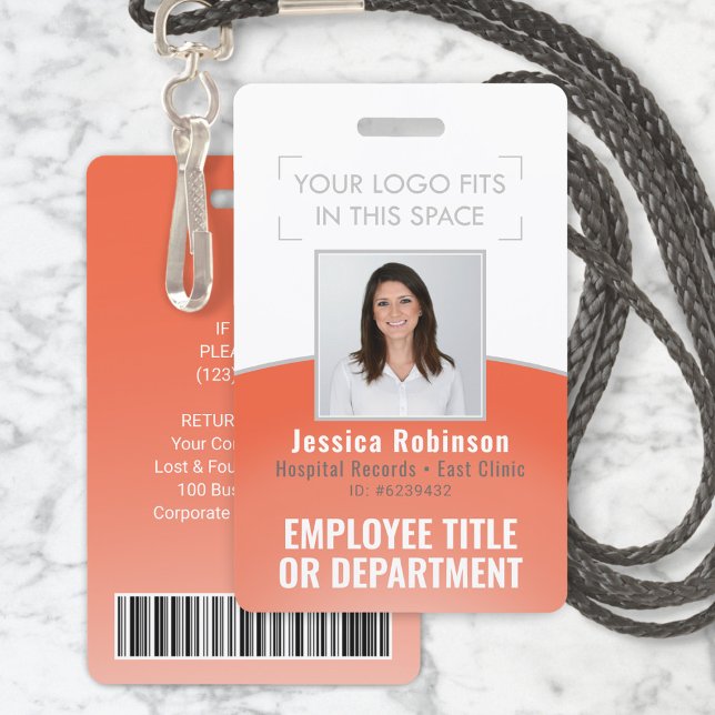 Employee Photo ID Barcode Your Logo Orange Curve Badge (Creator Uploaded)