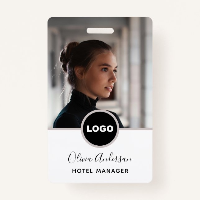 Employee Photo ID Company Logo QR Code Black White Badge (Front)