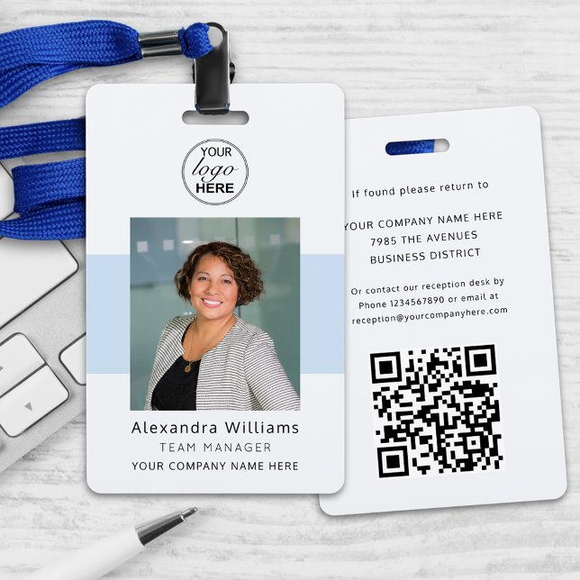 Employee Photo ID Company Logo QR Code Security Badge (Personalized employee attendee photo id company event logo qr code security badge Modern black blue)