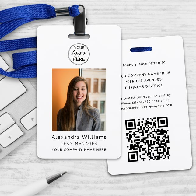 Employee photo ID Company Logo QR Code Security Badge (Personalized employee photo ID company your logo here & qr code security badge lanyard Black & white)