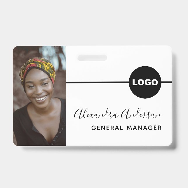 Employee Photo ID Company Logo QR Code White Black Badge (Front)