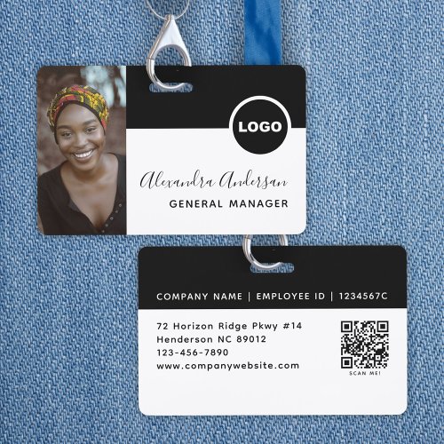 Employee Photo ID Company Logo QR Code White Black Badge