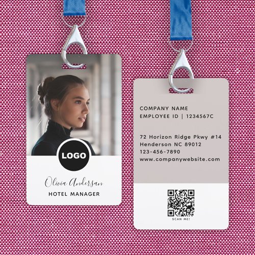 Employee Photo ID Company Logo QR Code White Black Badge