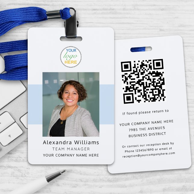 Employee photo ID Company Logo Security QR Code Badge (Custom employee photo id security badge with qr code and your logo here modern professional lanyard )