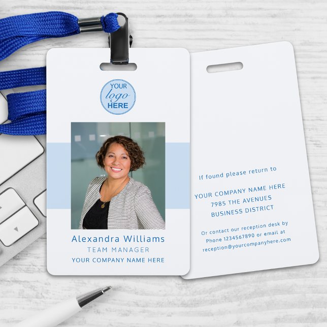 Employee photo ID Company Security Personalized  Badge (Modern your logo here employee photo id security badge Blue & muted gray modern professional lanyard)