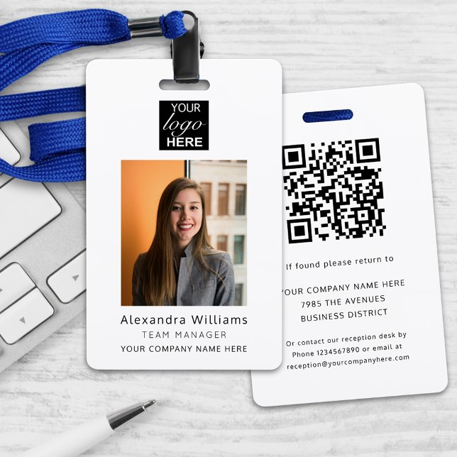 Employee photo ID Company Security QR Code Badge (Modern custom business employer photo ID security badge with qr code and name job title lanyard)