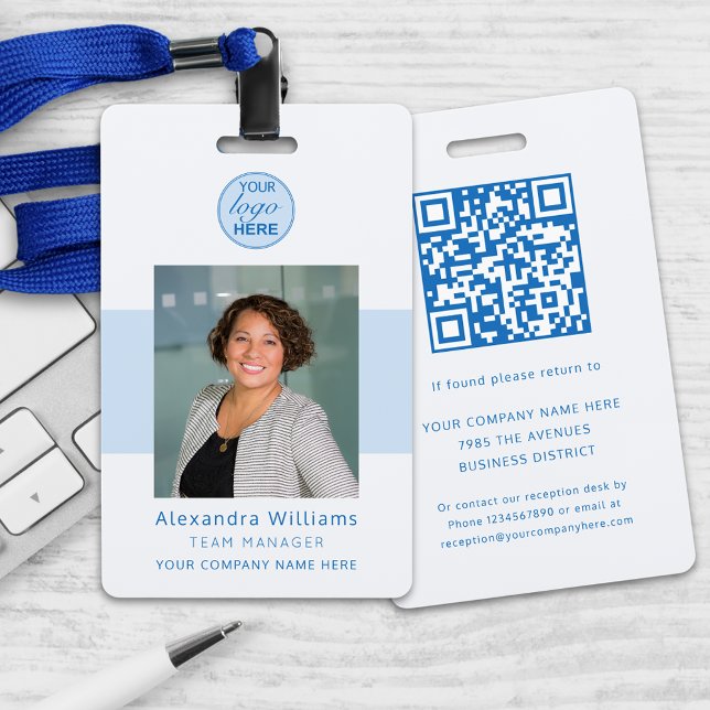 Employee photo ID Company Security QR Code Badge (Blue ad gray custom business photo id with qr code security badge Modern professional lanyard)