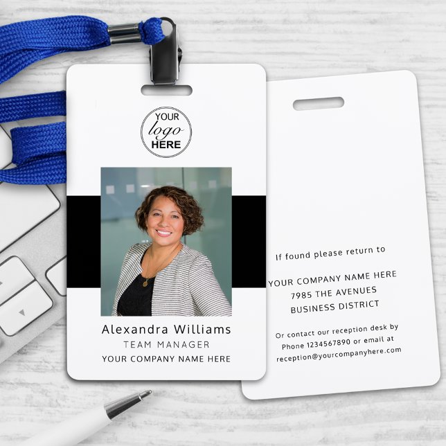 Employee Photo ID Corporate Logo Security Badge (Personalized employee photo id and company logo badge modern black and white Professional design )