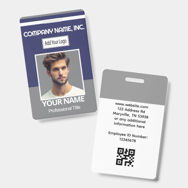 Employee Photo ID - Gray, White, Navy Blue Badge (Front & Back)