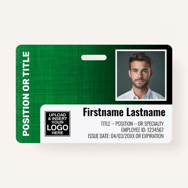 Employee Photo ID logo bar code modern linen green Badge (Front)