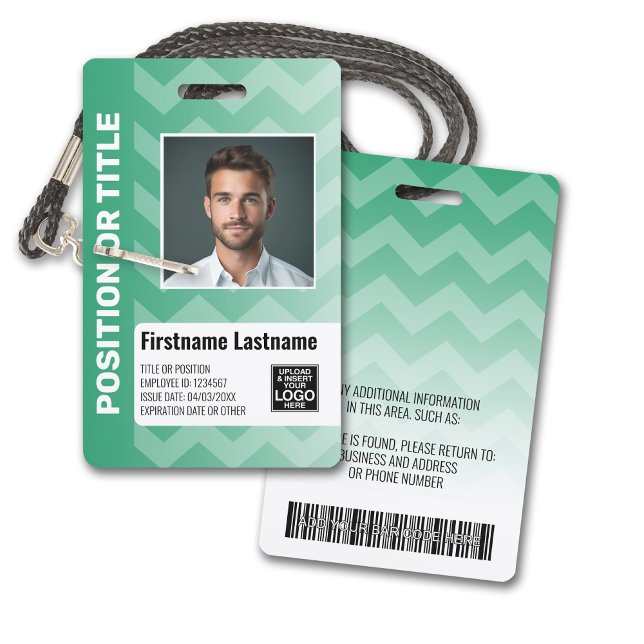 Employee Photo ID - modern chevron, logo bar code Badge (Plastic ID Badge - Customize with Employee Photo and Credentials. Green Chevron Pattern Accents)