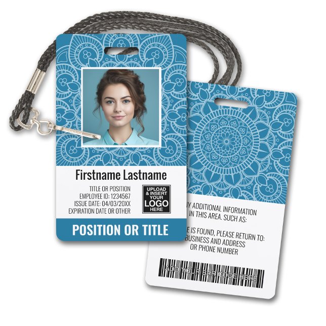 Employee Photo ID - modern mandala, logo, bar code Badge (Plastic ID Badge - Customize with Employee Photo and Credentials. Light Blue Mandala Accents)