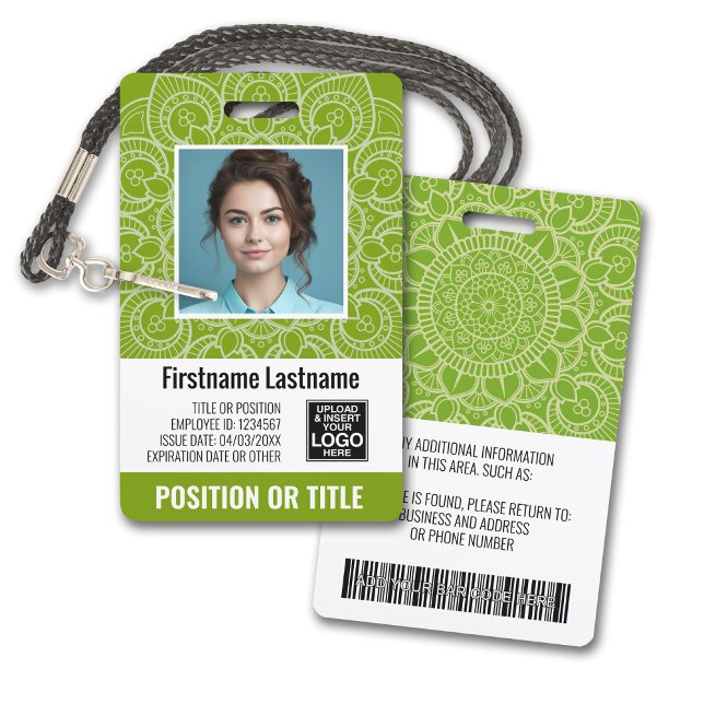 Employee Photo ID - modern mandala, logo, bar code Badge (Plastic ID Badge - Customize with Employee Photo and Credentials. Lime Green Mandala Accents)