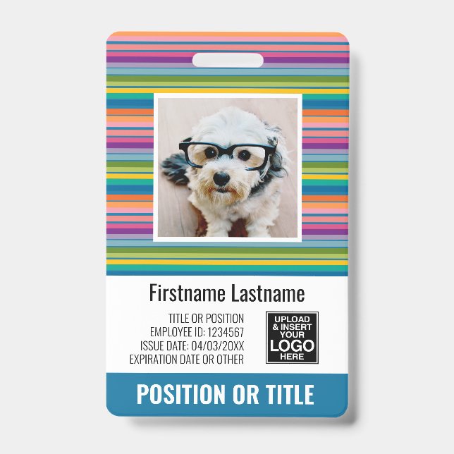 Employee Photo ID - modern stripes, logo, bar code Badge (Front)