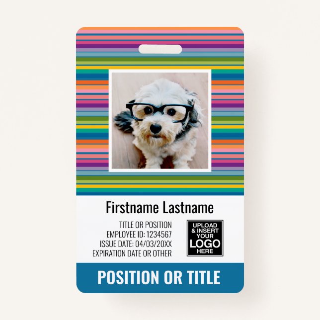 Employee Photo ID - modern stripes, logo, bar code Badge (Front)