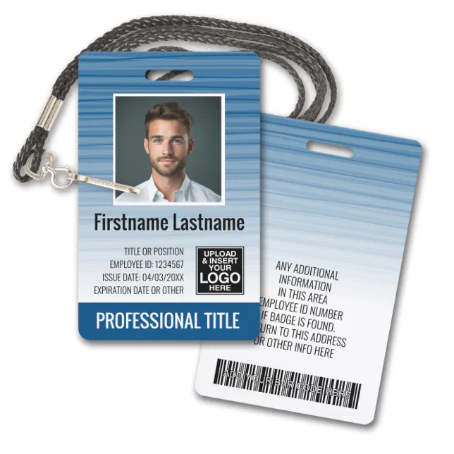 Employee Photo ID - modern stripes, logo, bar code Badge | Zazzle