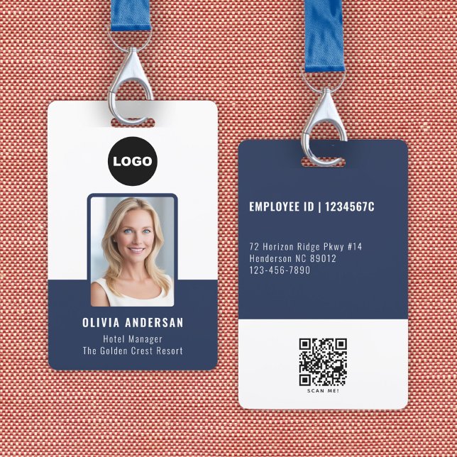 Employee Photo ID Navy QR Code Company Logo Badge (Navy Employee Photo ID Qr Code Company Security Badge)