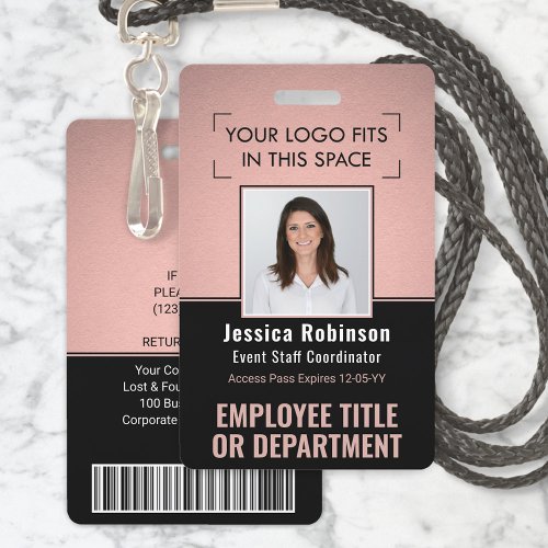 Employee Photo ID QR Barcode Logo Pink Rose Gold Badge