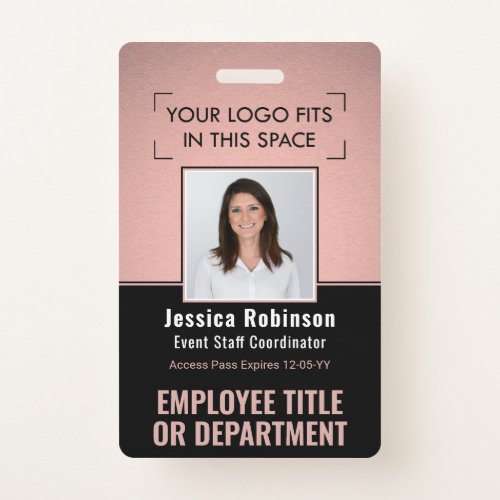 Employee Photo ID QR Barcode Logo Pink Rose Gold Badge