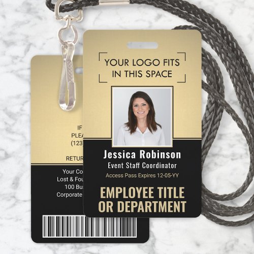 Employee Photo ID QR Barcode Your Logo Black Gold Badge