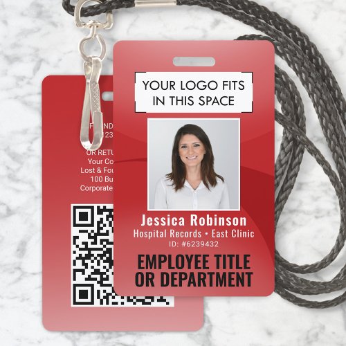 Employee Photo ID QR Barcode Your Logo Red Arc Badge